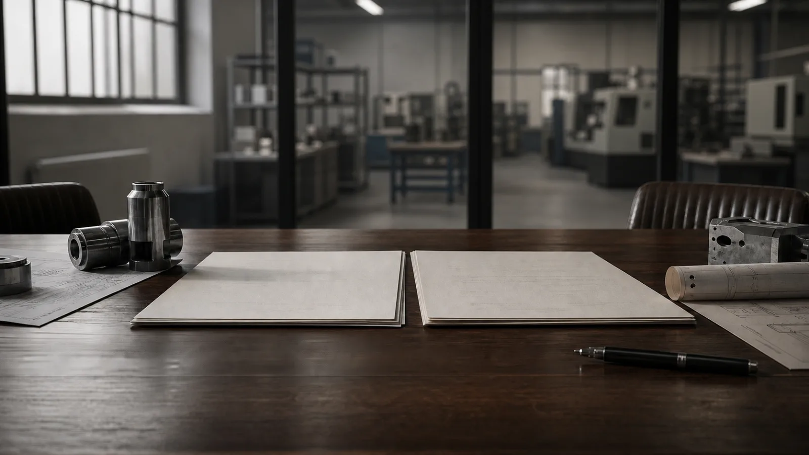 Two sets of corporate documents on a table overlooking a precision manufacturing floor